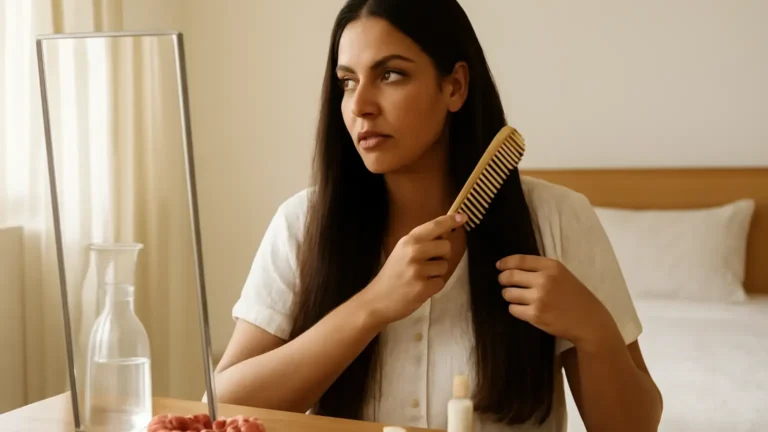 Indian woman following a simple ten-minute morning hair routine with a comb and scrunchie