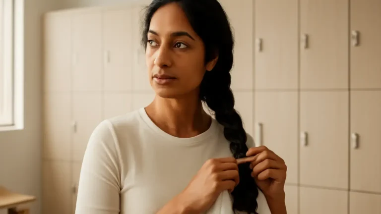 Indian woman preparing a loose gym hairstyle with a microfiber towel in a bright changing area