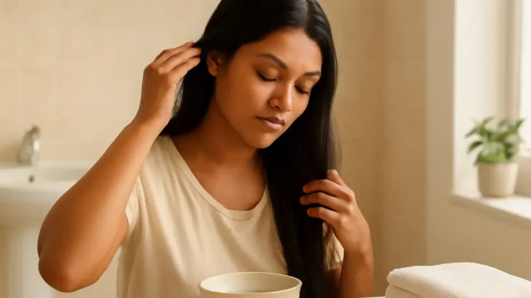 Woman applying a small amount of hair oil before washing in an Indian home bathroom.