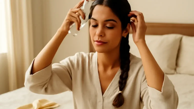Woman gently caring for the scalp beneath comfortable braids with a lightweight mist