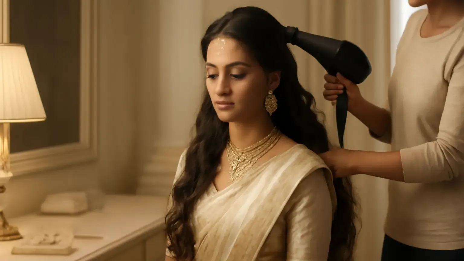 Indian bride having her hair section-dried during calm wedding morning preparation