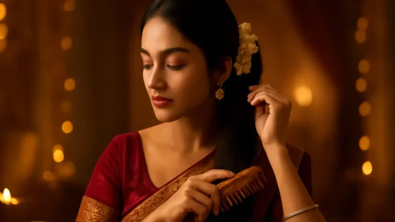 Indian woman gently preparing a low festive bun with smooth hair accessories