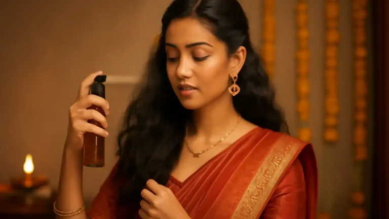 Indian woman applying heat protectant to sectioned hair before festive styling