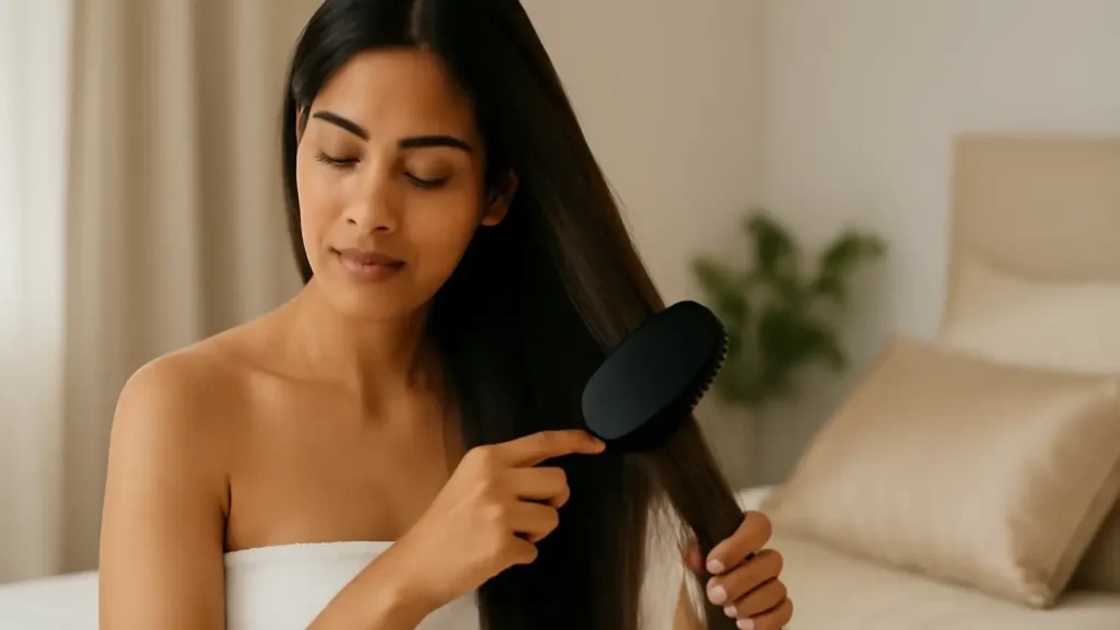 Woman gently brushing long hair extensions from the ends upward