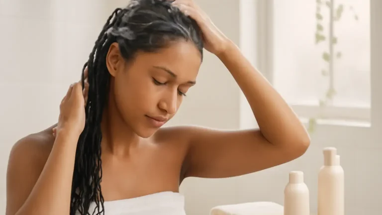 Indian woman gently washing her scalp in a bright bathroom