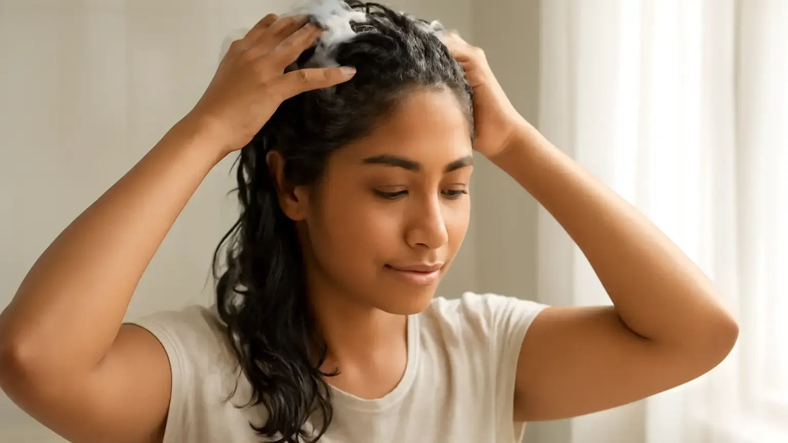 Indian woman gently washing her scalp while protecting her hair lengths