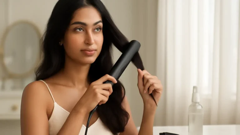 Indian woman sectioning dry hair before heat styling with protectant nearby