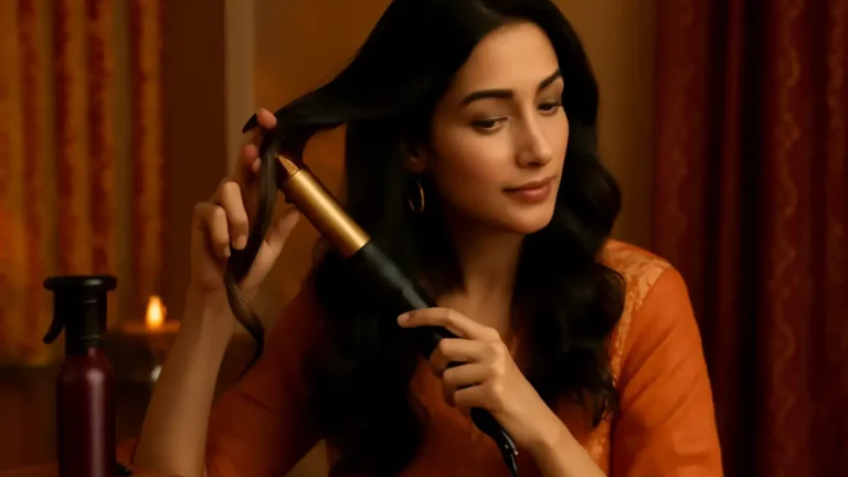 Indian woman safely creating festive waves with a curling tool and heat protectant nearby