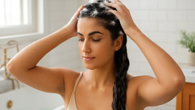 Woman gently cleansing her scalp while protecting the lengths during wash day