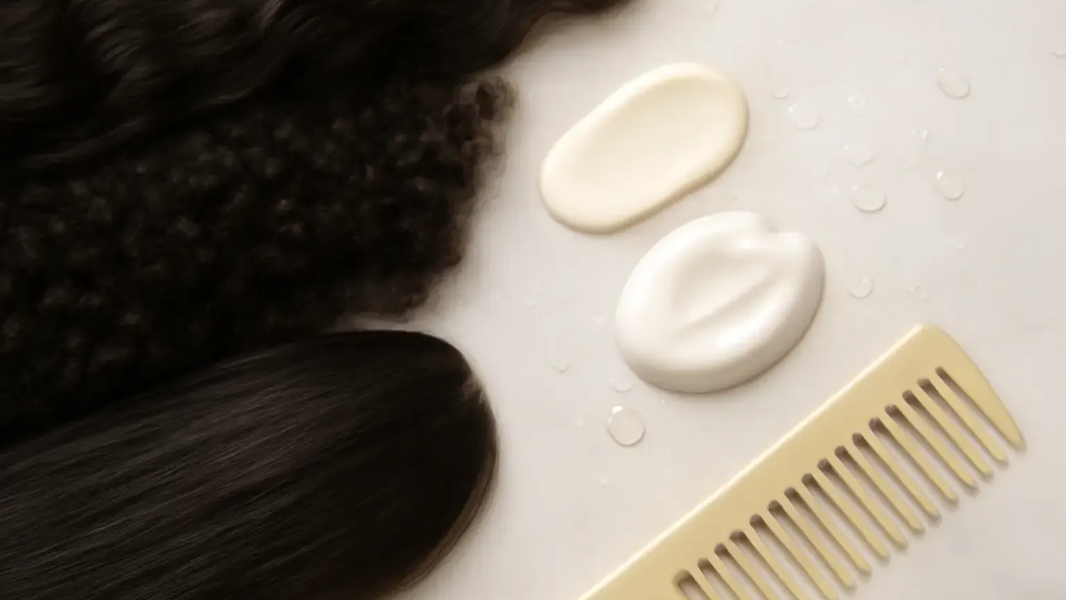 Lightweight and rich conditioner textures beside wet hair and a wide-tooth comb