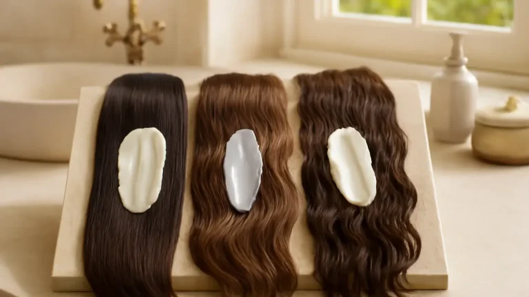 Hair mask textures arranged to represent low, medium and high porosity hair needs.