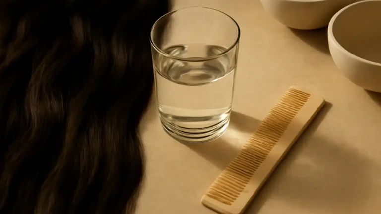 Natural dark hair strands and simple hair-care tools illustrating porosity and protein assessment.