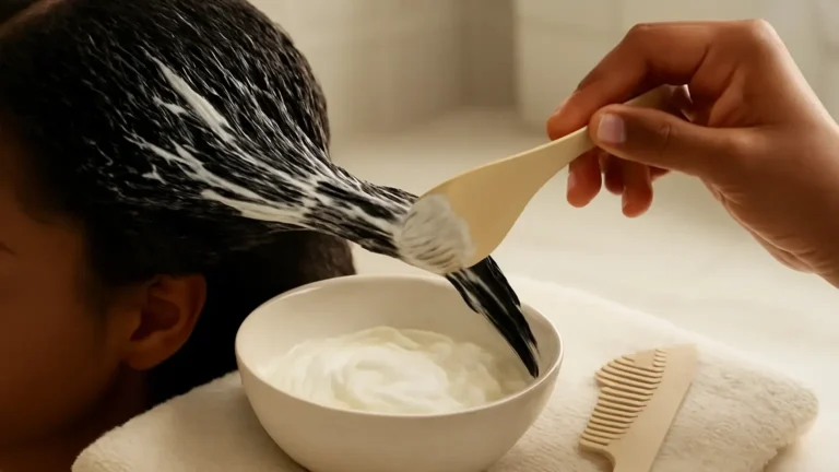Deep-conditioning mask being applied to sectioned dark hair in an Indian bathroom setting