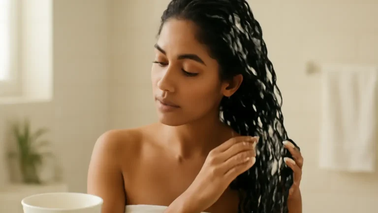 Woman applying deep conditioner to sectioned wet hair in an Indian bathroom