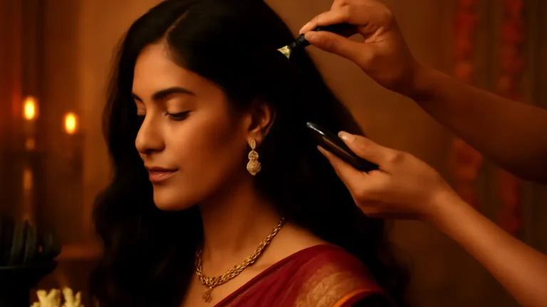 Indian festive hairstyle preparation with lightweight hair styling products and sectioned hair