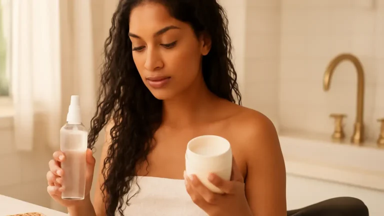 Woman comparing a heat protectant spray and cream while styling textured hair