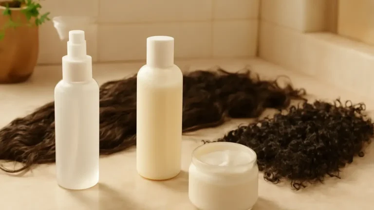 Three leave-in conditioner textures beside damp wavy, curly and coily hair sections