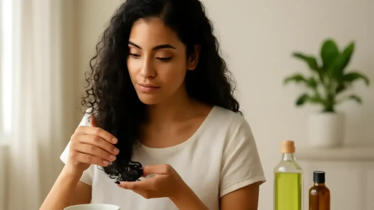 Woman applying lightweight oil to the lengths of textured hair in an Indian home setting