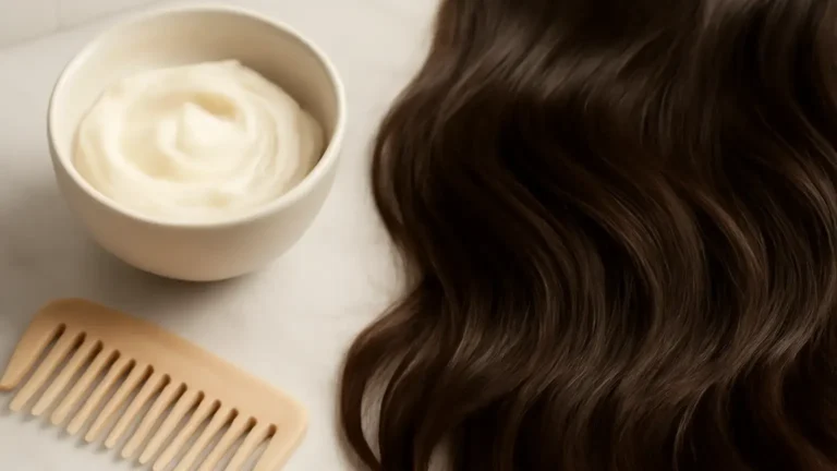 Textured dark hair beside an unbranded protein hair treatment and wide-tooth comb