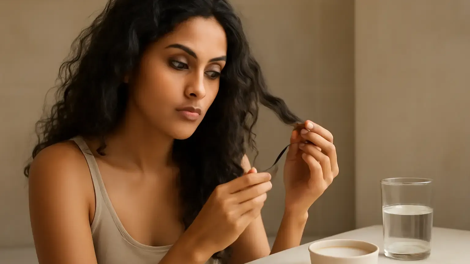 Indian woman checking damp hair texture during a protein treatment routine