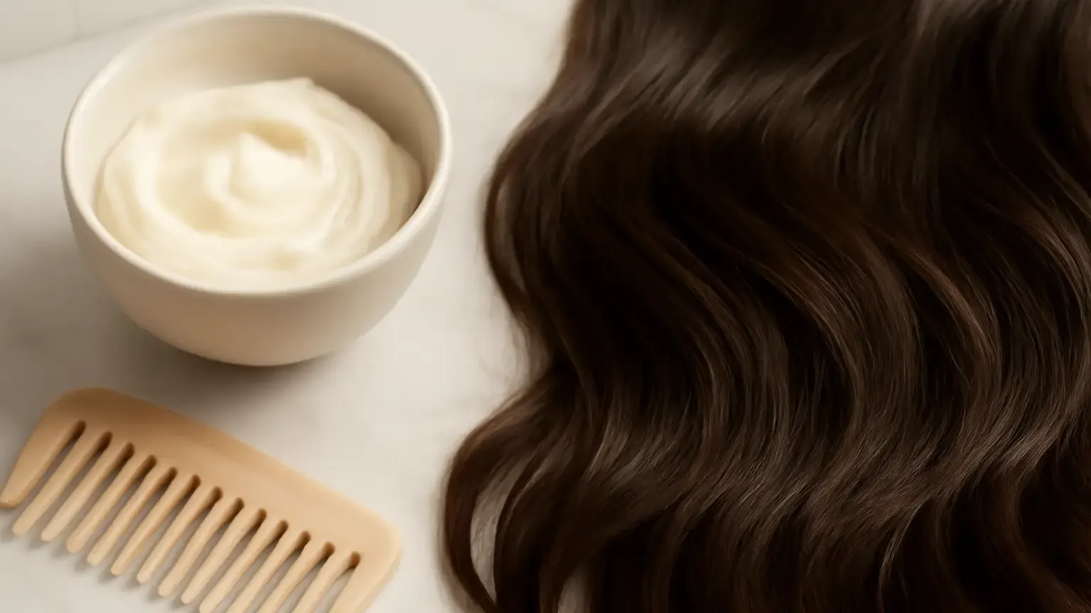 Textured dark hair beside an unbranded protein hair treatment and wide-tooth comb