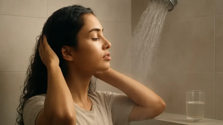 Woman gently rinsing textured hair with comfortable warm water in an Indian bathroom