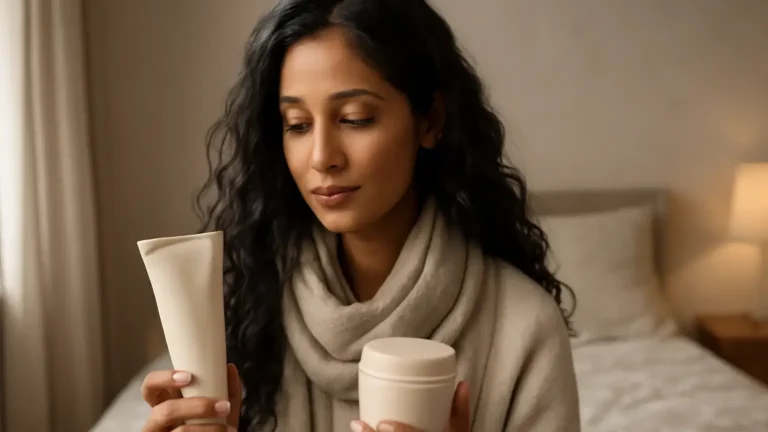 Indian woman comparing winter hair conditioning products for different hair porosity needs