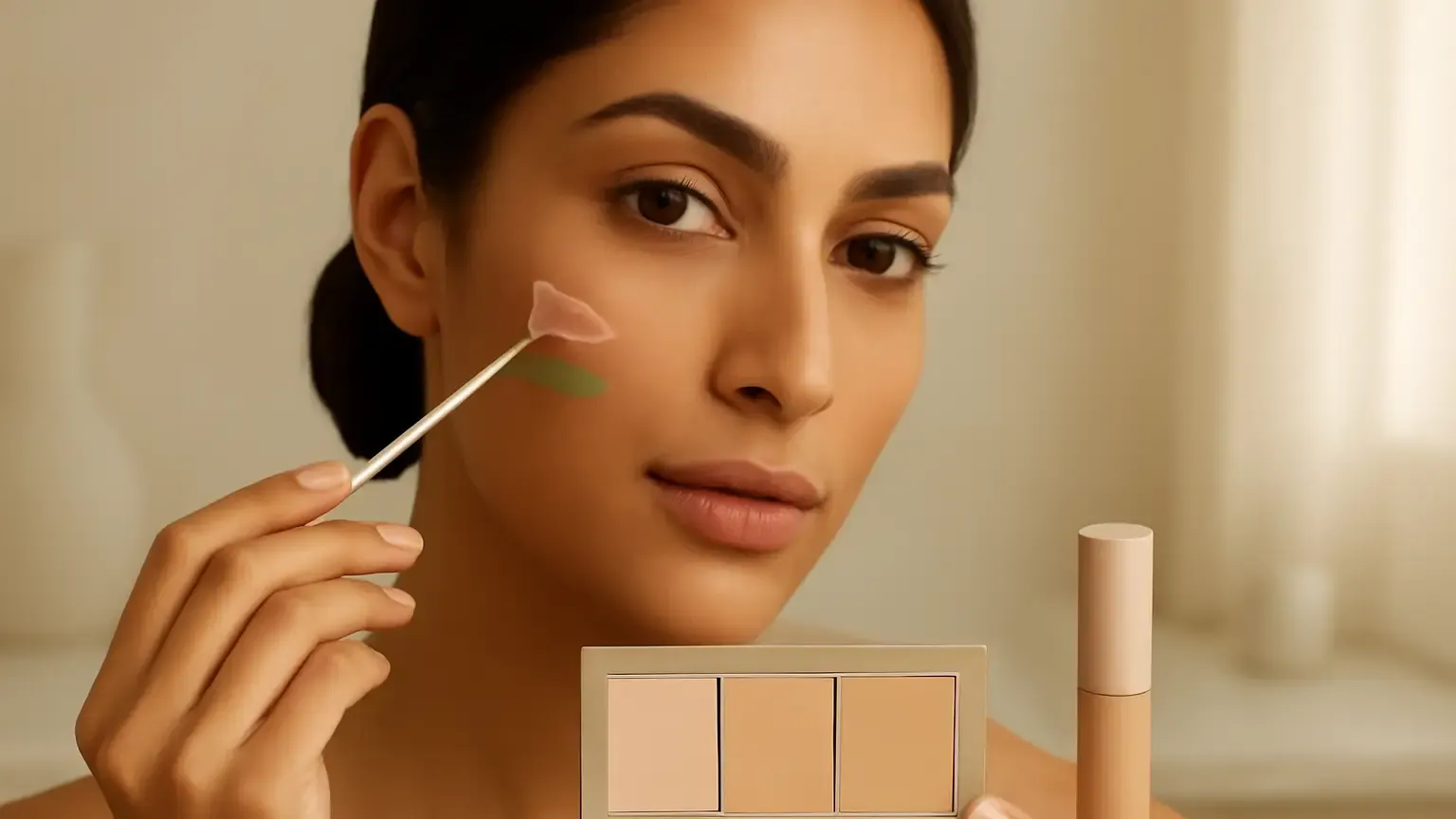 Indian skin tone makeup setup with peach, green and orange colour corrector swatches and a fine brush