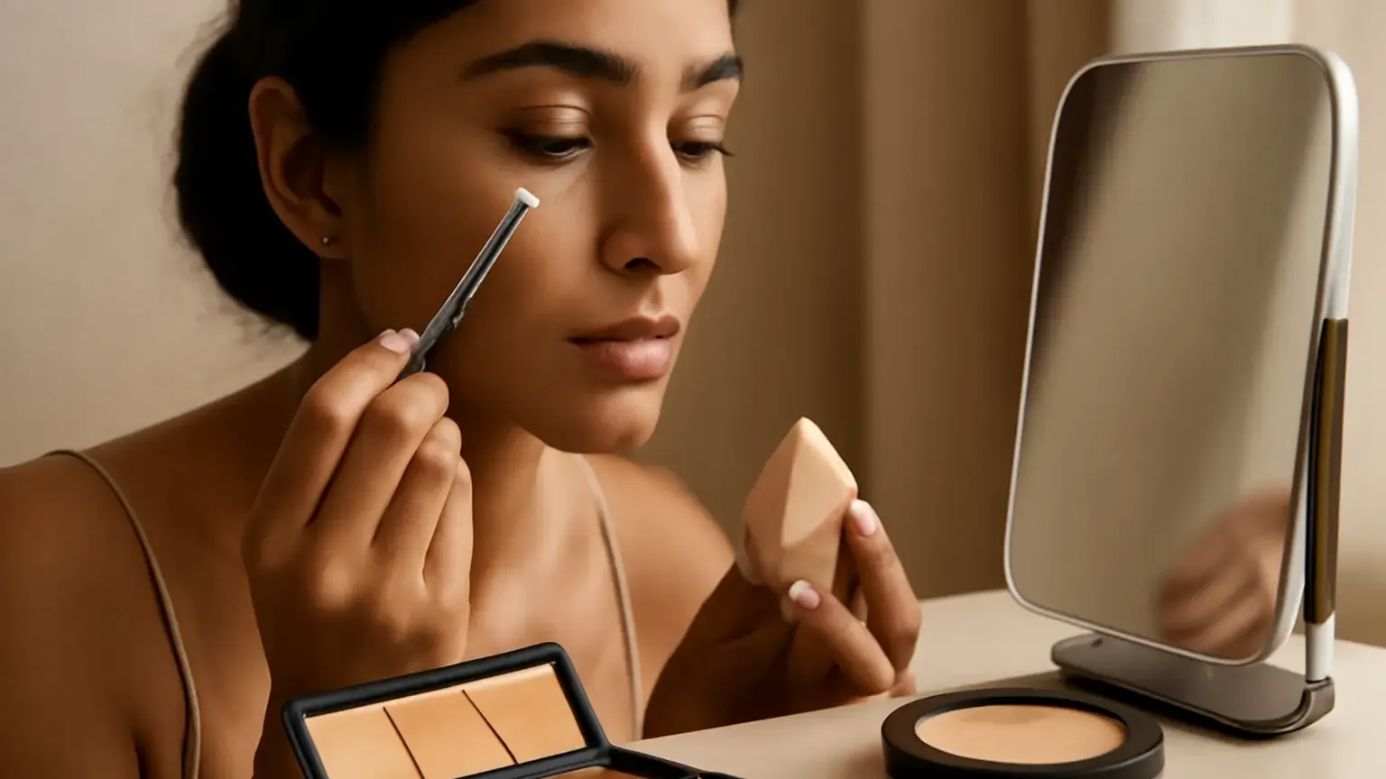 Concealer, brush, sponge and powder arranged on an Indian beauty vanity