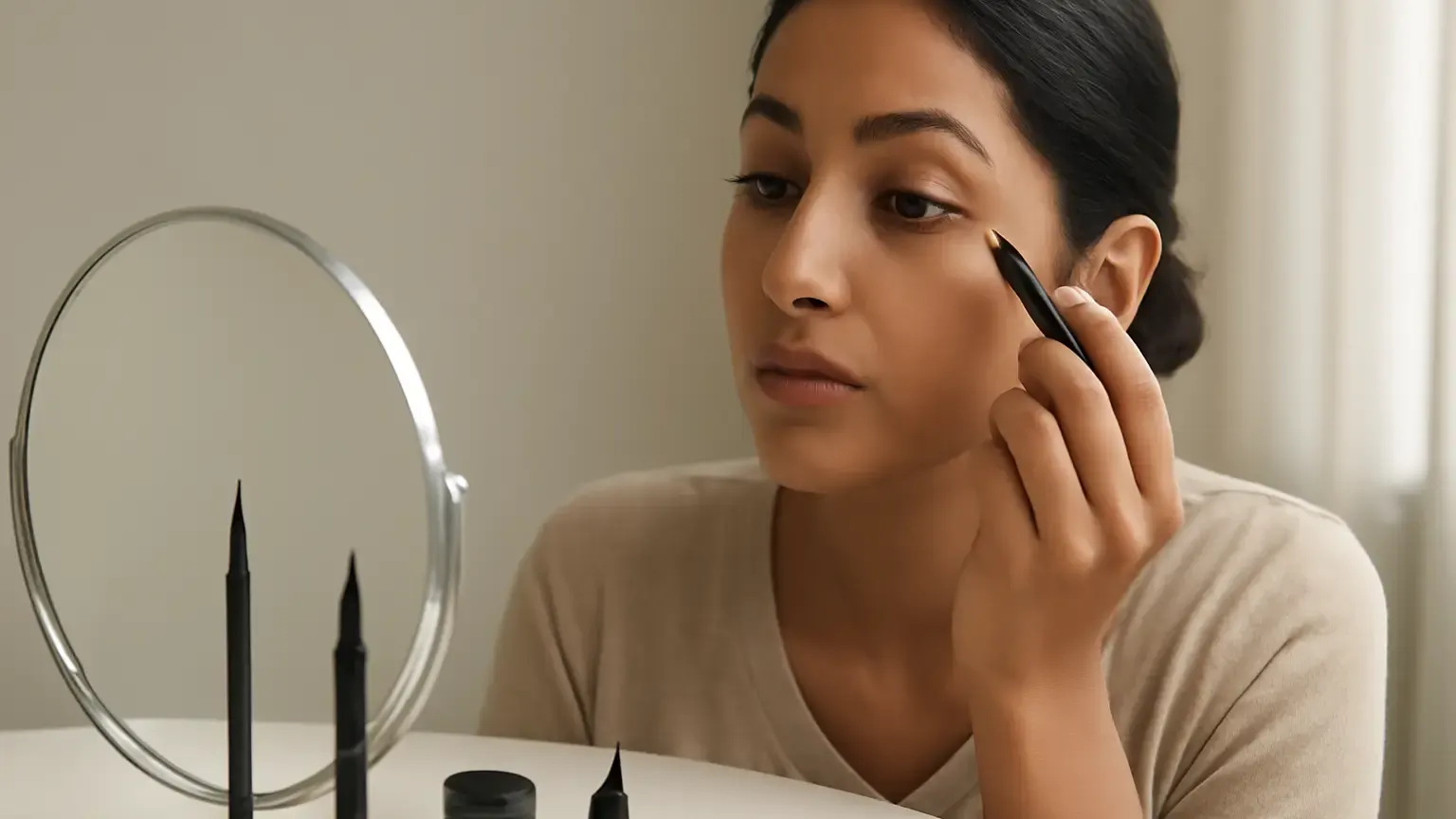 Indian woman practising everyday eyeliner beside four unbranded eyeliner formulas