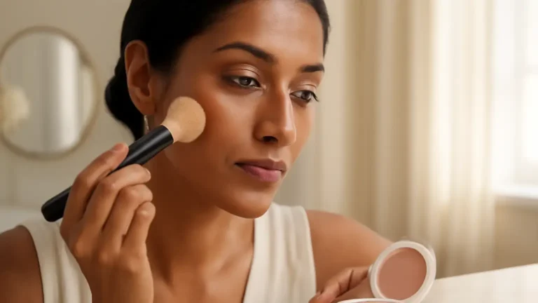 Indian woman applying peach blush with a brush beside cream blush and makeup tools