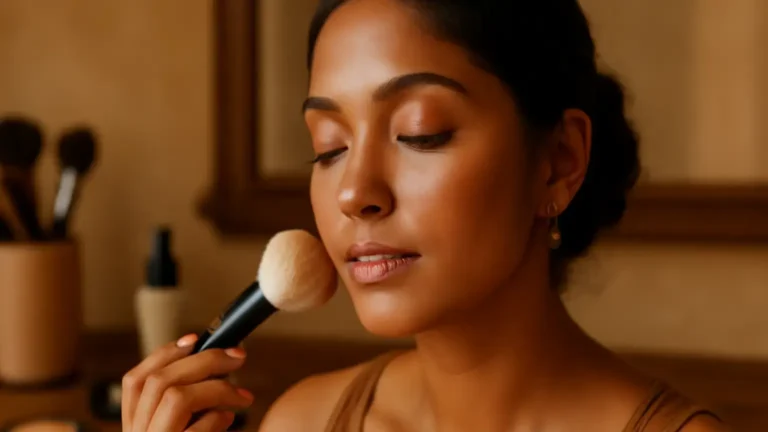 Indian woman wearing softly blended bronzer with a fluffy makeup brush beside her