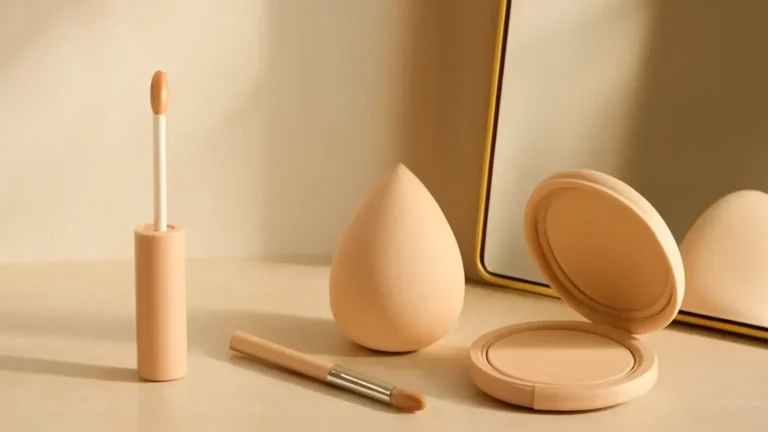Unbranded concealer tools, sponge, brush and setting powder arranged for precise makeup application