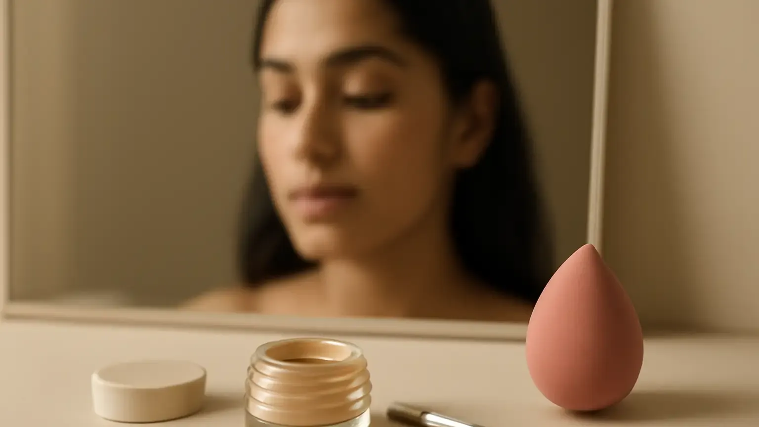 Concealer brush, beauty sponge and complexion products arranged for precise natural makeup application.