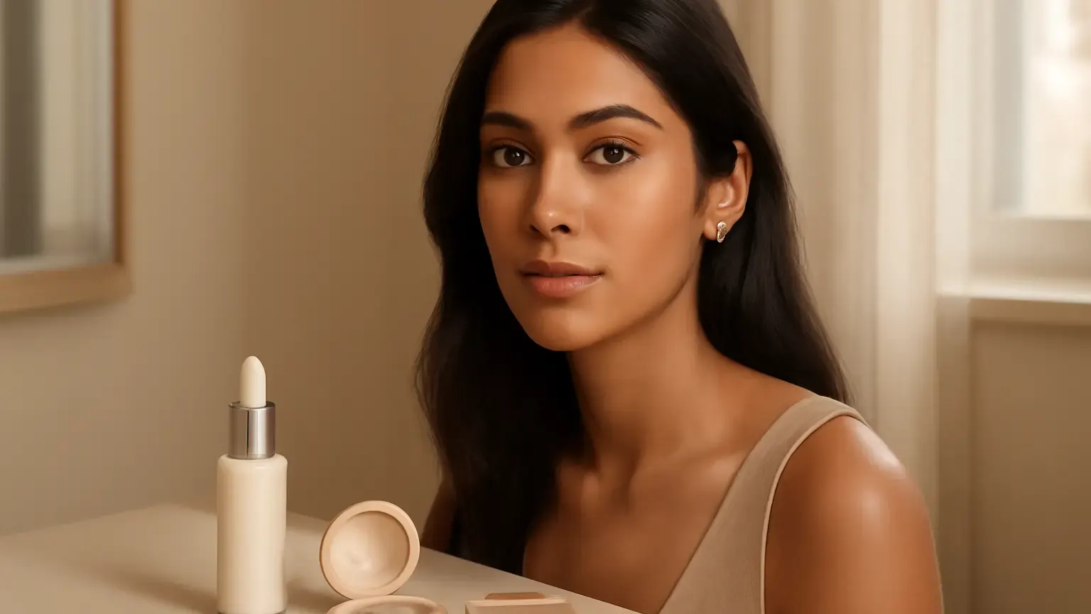Indian woman wearing a softly blended highlighter on the cheekbones beside unbranded makeup tools