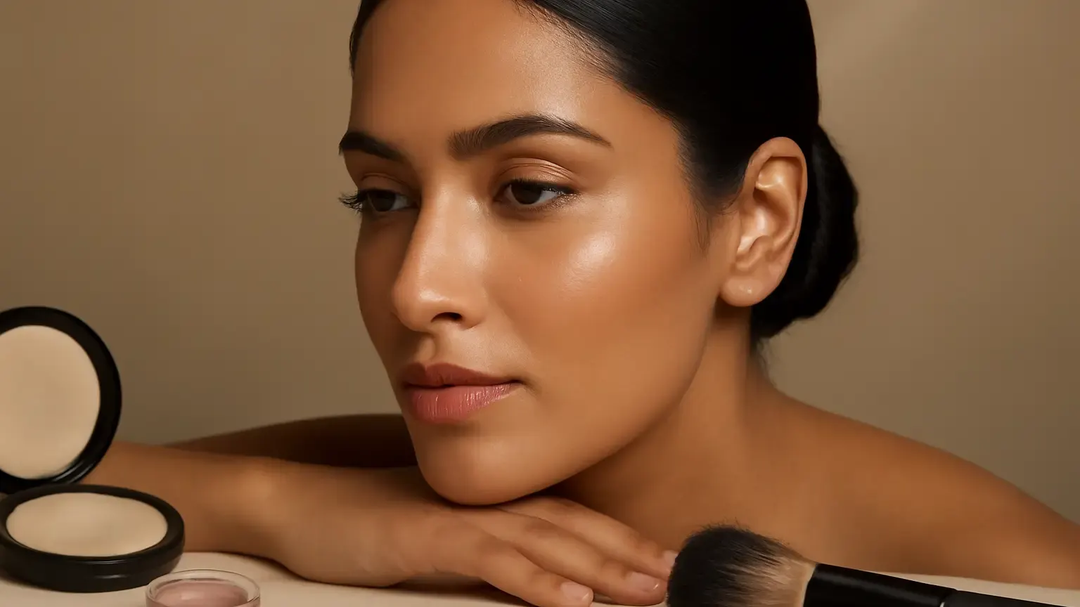 Indian woman with softly highlighted cheekbones and natural daytime makeup beside cream and powder makeup tools