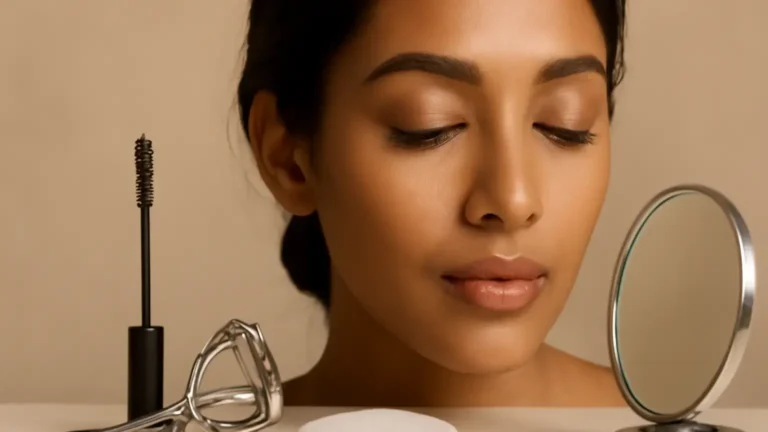 Mascara wand, lash curler and cotton pad beside softly defined lifted lashes