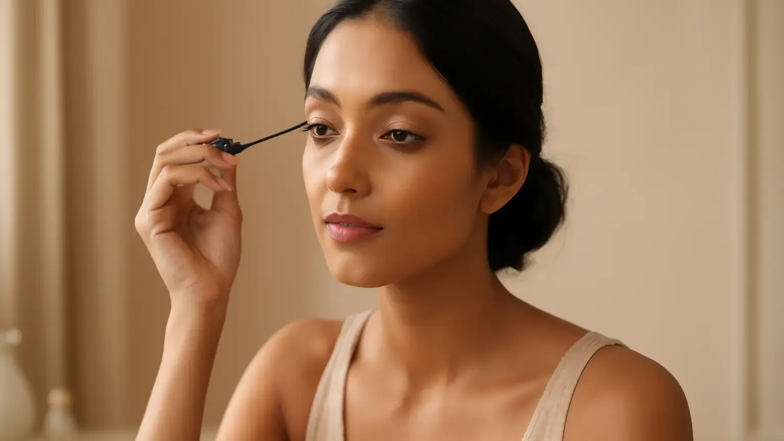 Indian woman carefully applying mascara to lifted upper lashes at a softly lit vanity.