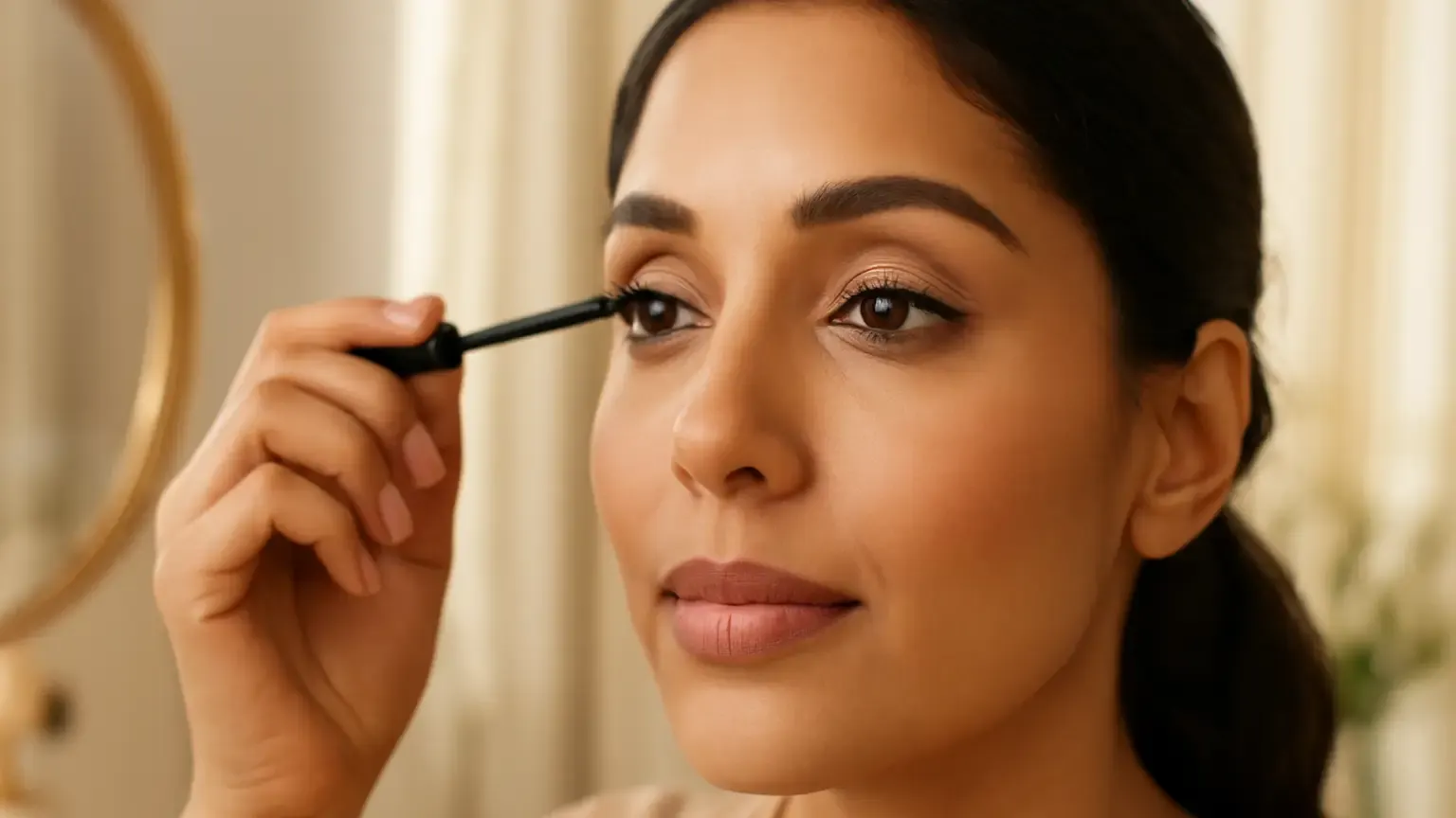 Woman applying mascara to curled, separated upper lashes in a bright vanity setting.