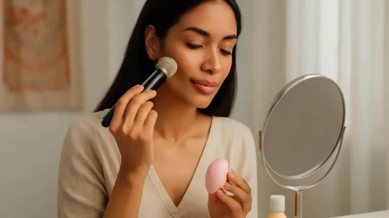 Indian woman applying foundation with a makeup brush beside a beauty sponge and unbranded products