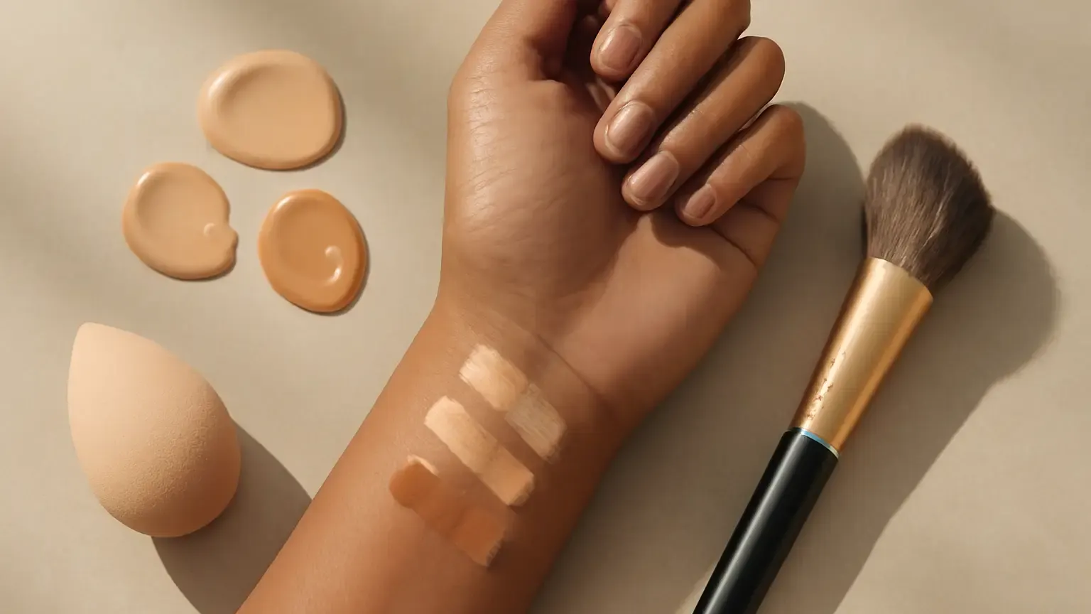 Three foundation coverage swatches beside a makeup sponge and foundation brush on an Indian beauty vanity