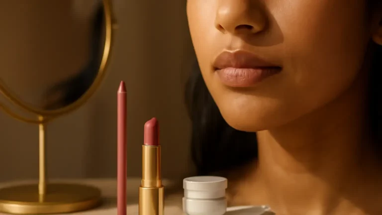 Lipstick application essentials with liner, balm, tissues and gloss on an Indian beauty vanity