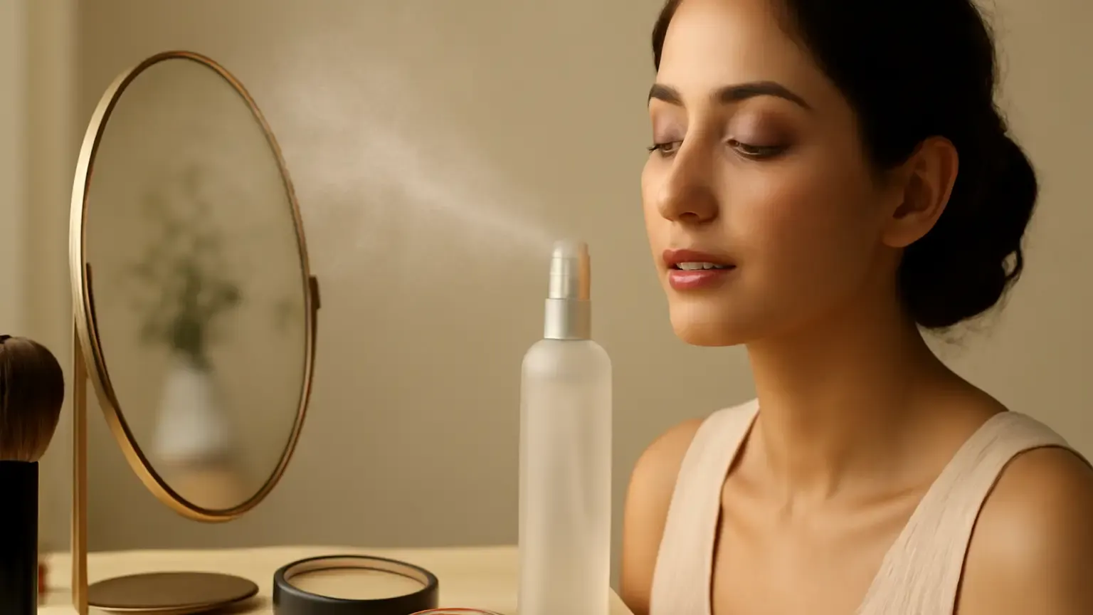 Unbranded setting spray beside powder and cream makeup on an Indian dressing table