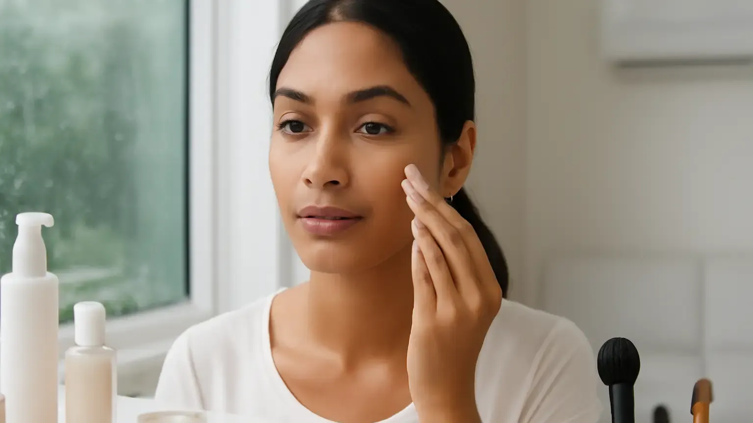 Indian woman applying a lightweight makeup base for changing weather with zone-specific products
