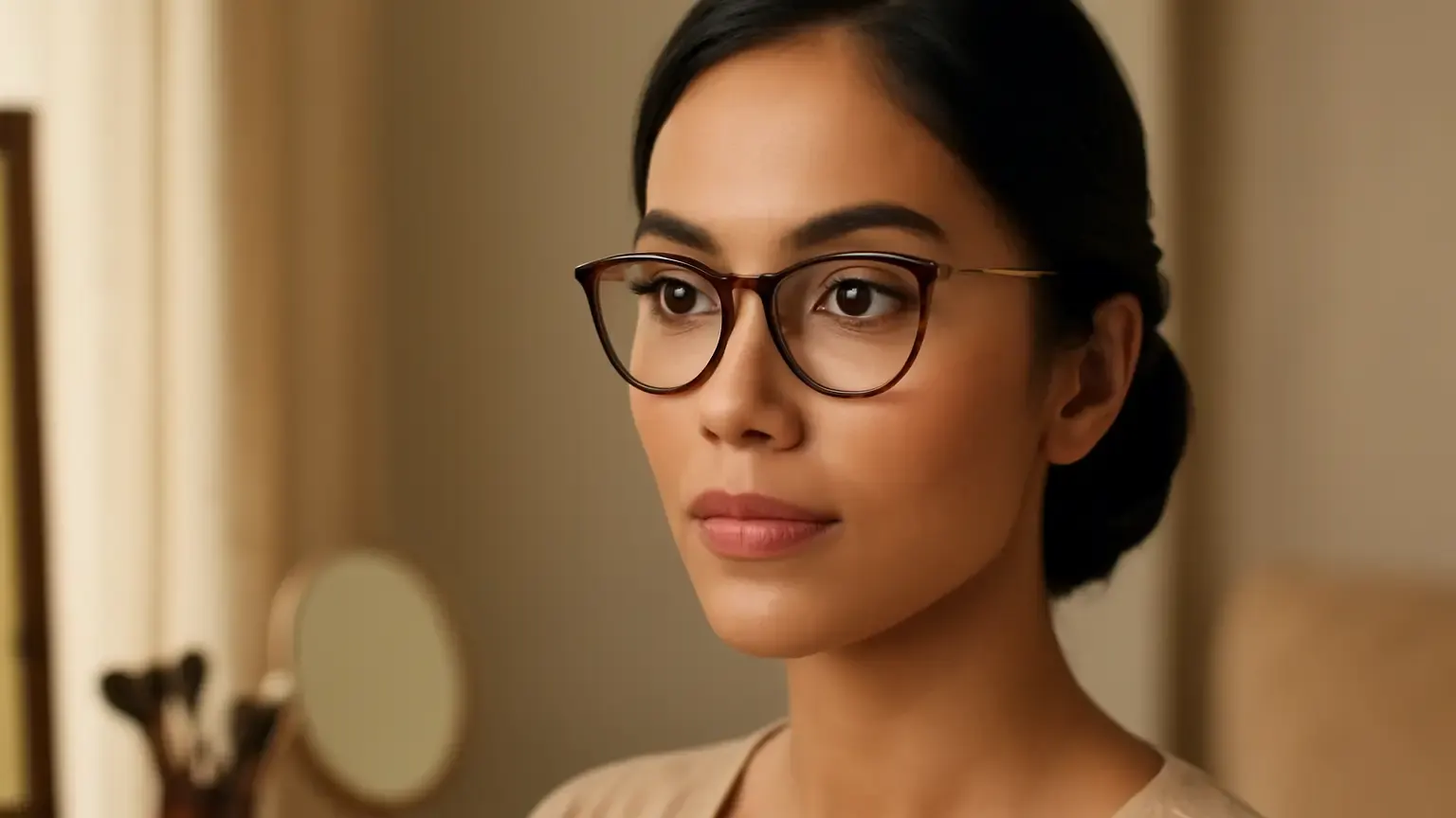 Indian woman wearing spectacles with defined eyes, groomed brows and smudge-resistant everyday makeup