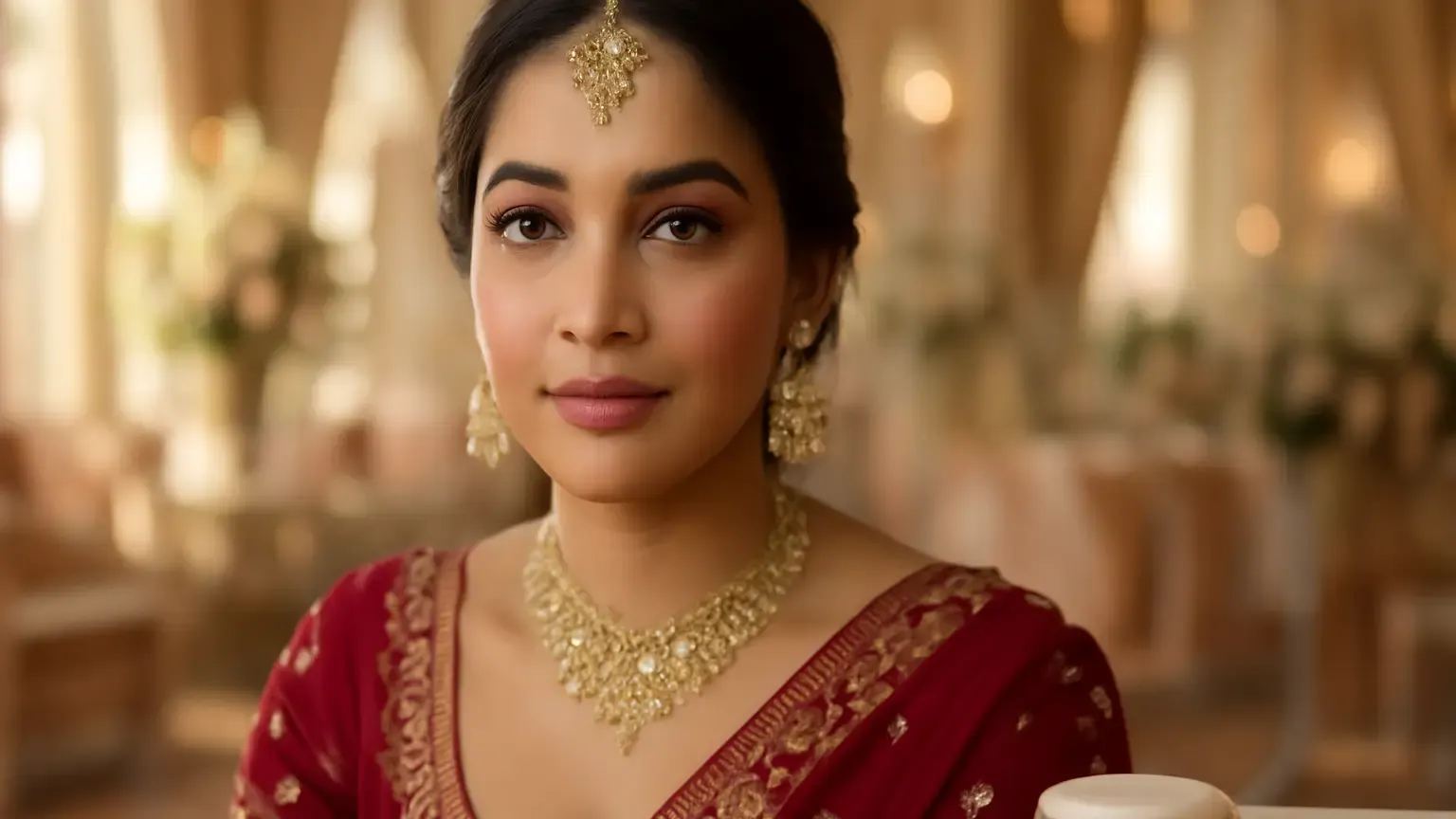 Indian wedding guest with a fresh breathable makeup base and softly defined festive look