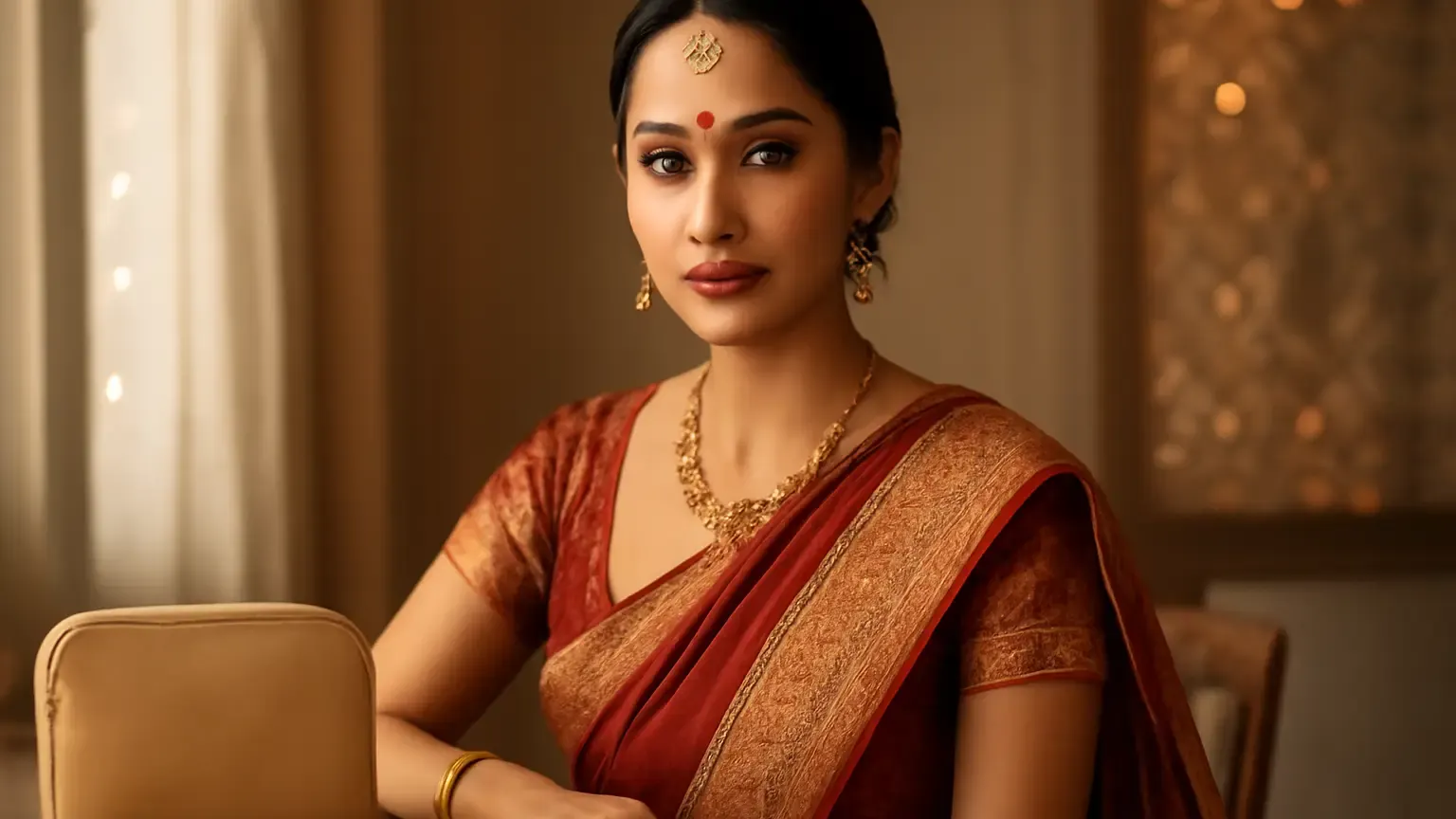 Indian wedding guest with fresh wearable makeup beside a compact touch-up kit
