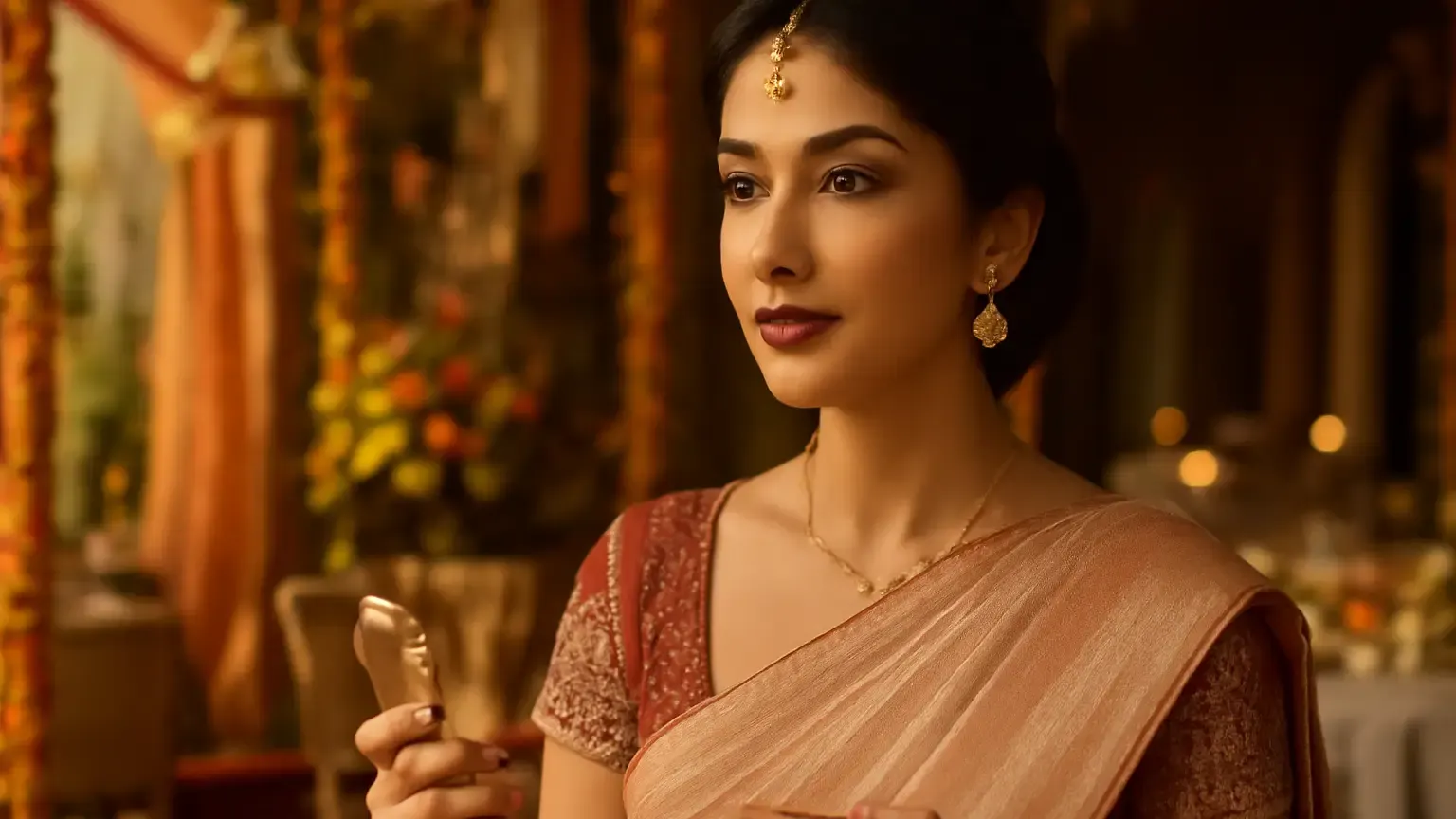 Indian wedding guest with polished day-to-evening makeup beside a small touch-up kit