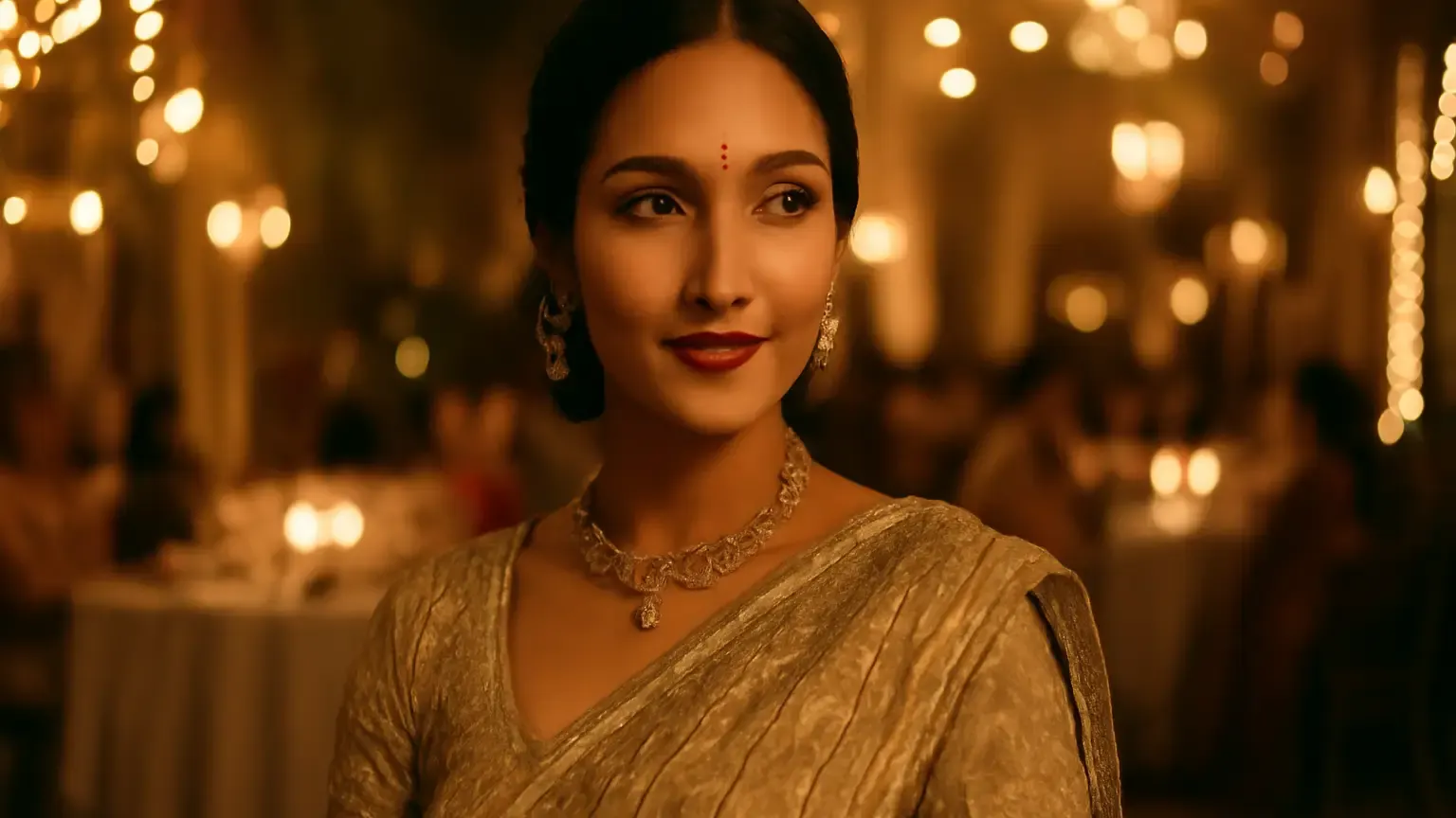 Indian wedding guest with fresh, softly defined makeup at an evening reception