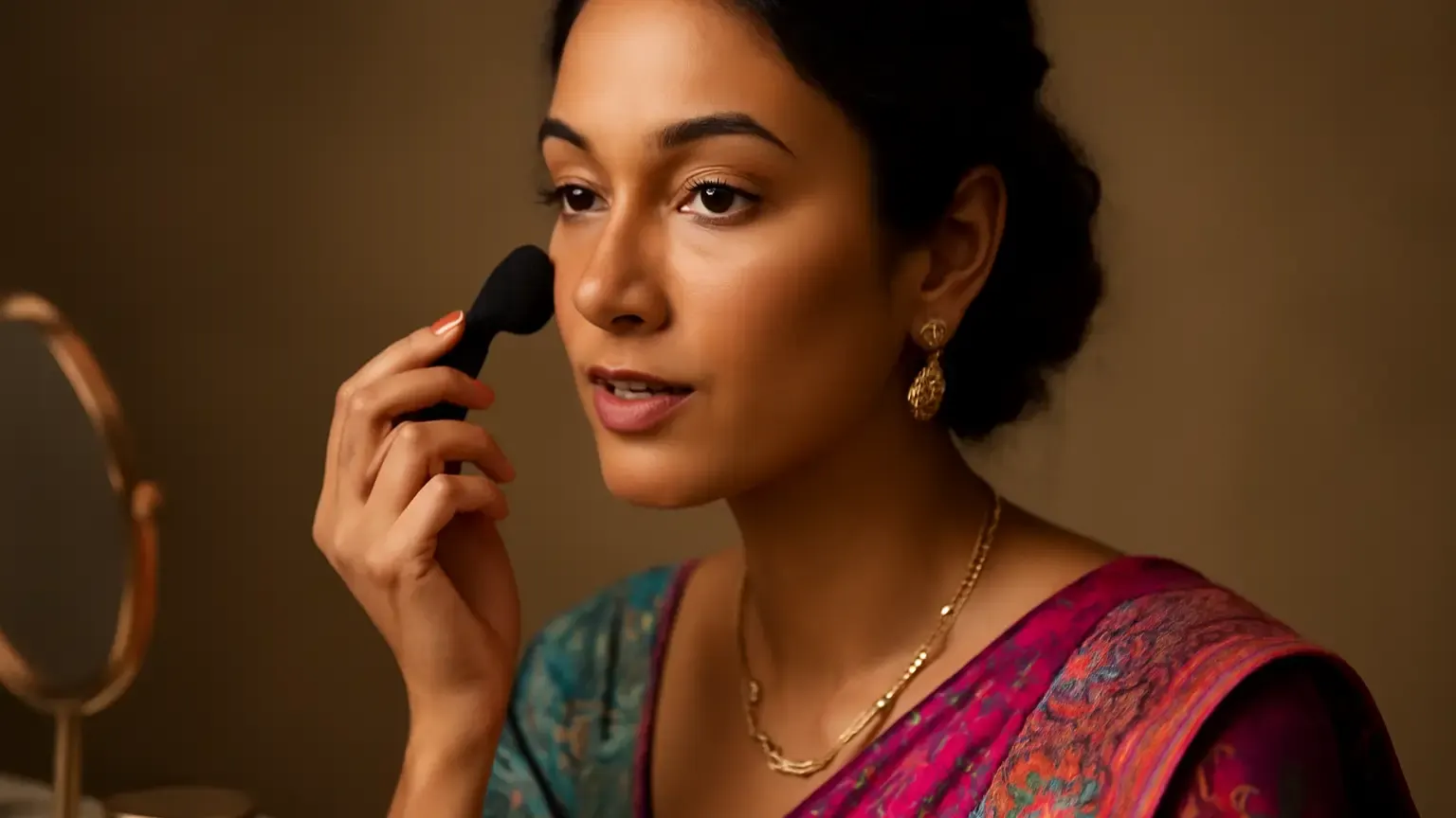 Indian wedding guest applying a fresh lightweight makeup base before a ceremony